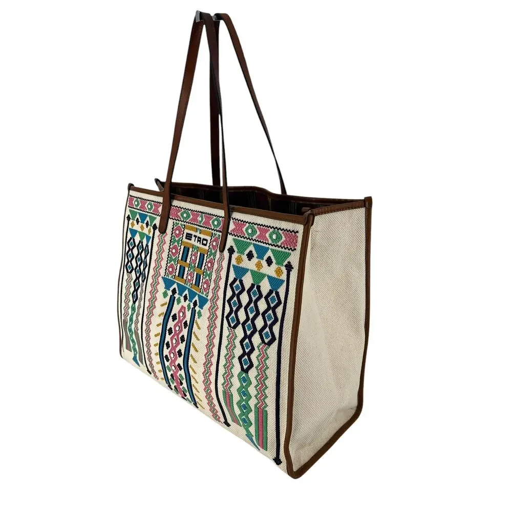 ETRO Embroidered Canvas Shopper Tote Bag Neutrals‎